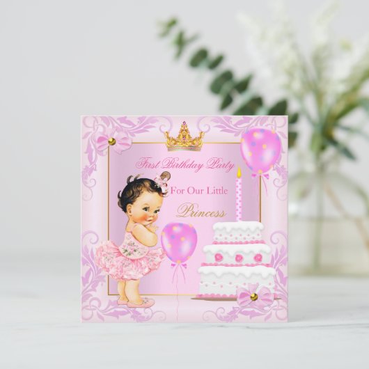Eerste verjaardag prinses Tiara Girl Pink Brunette Kaart (Staand voorkant)
