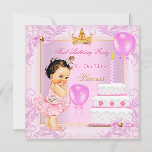 Eerste verjaardag prinses Tiara Girl Pink Brunette Kaart (Voorkant)
