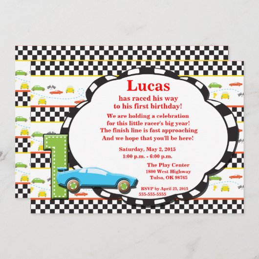 Eerste verjaardag raceauto uitnodiging (Voorkant / Achterkant)