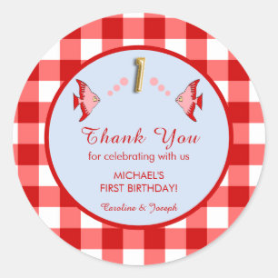 Eerste verjaardag Rode Gingham Vis Bedankt Ronde Sticker
