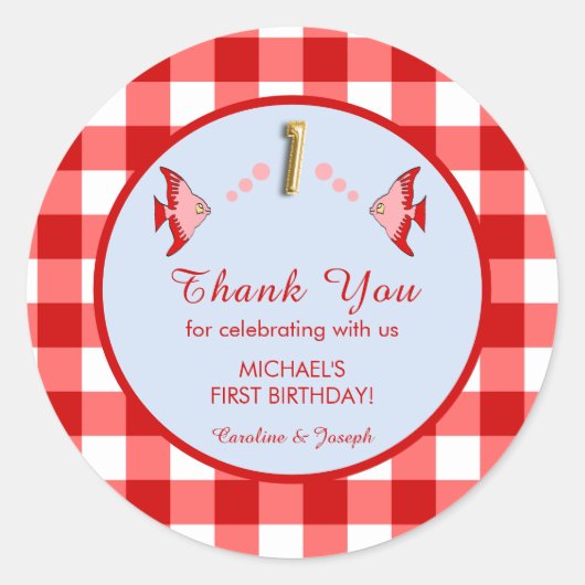 Eerste verjaardag Rode Gingham Vis Bedankt Ronde Sticker (Voorkant)