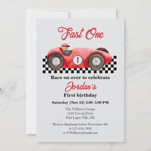 Eerste verjaardag rode race auto snel een kaart (Voorkant)