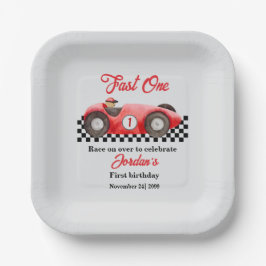 Eerste verjaardag rode race auto snel een papieren bordje