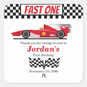Eerste verjaardag rode race auto snel een vierkante sticker