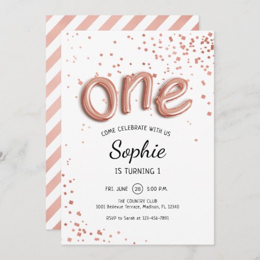 Eerste verjaardag - Roos Gold White Kaart (Voorkant / Achterkant)