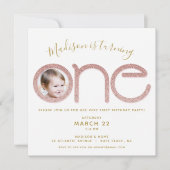 Eerste Verjaardag Roos Gouden Glitter Fotouitnodig Kaart (Voorkant)