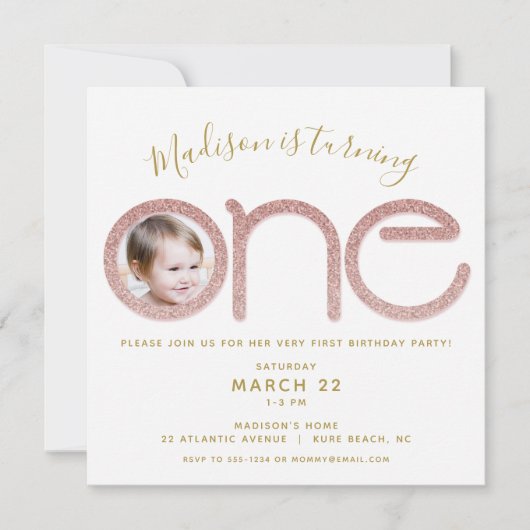 Eerste Verjaardag Roos Gouden Glitter Fotouitnodig Kaart (Voorkant)