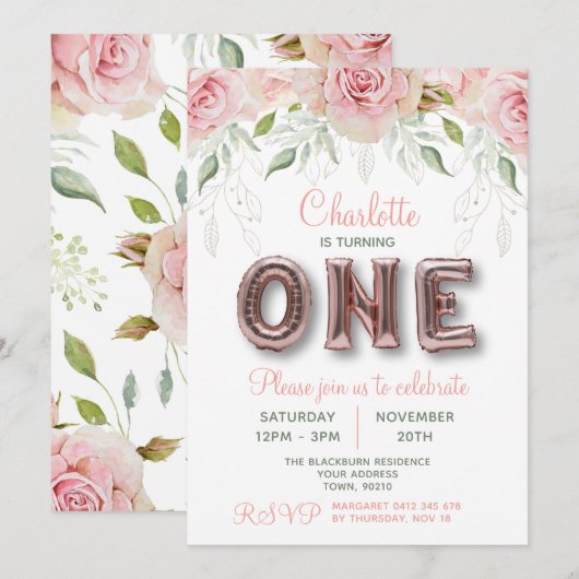 Eerste verjaardag Roos goudroze ballon Kaart (Voorkant / Achterkant)