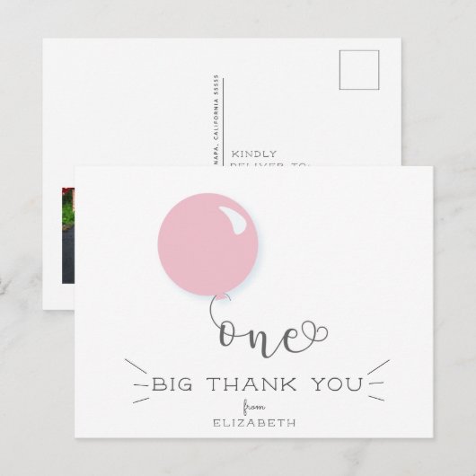 Eerste verjaardag Roze ballon Bedankt Post Card Briefkaart (Voorkant / Achterkant)