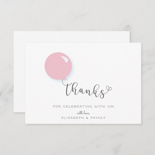 Eerste verjaardag roze ballon dank u bedankkaart (Voorkant / Achterkant)