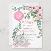 Eerste verjaardag roze ballon eucalyptus olifant kaart (Voorkant)