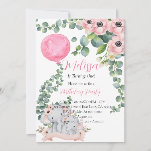 Eerste verjaardag roze ballon eucalyptus olifant kaart (Voorkant)