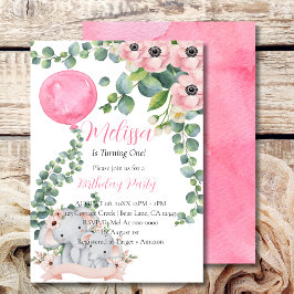 Eerste verjaardag roze ballon eucalyptus olifant kaart