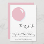 Eerste verjaardag roze ballon uitnodiging (Voorkant / Achterkant)