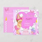 Eerste verjaardag roze bande babymeisje kaart (Voorkant / Achterkant)