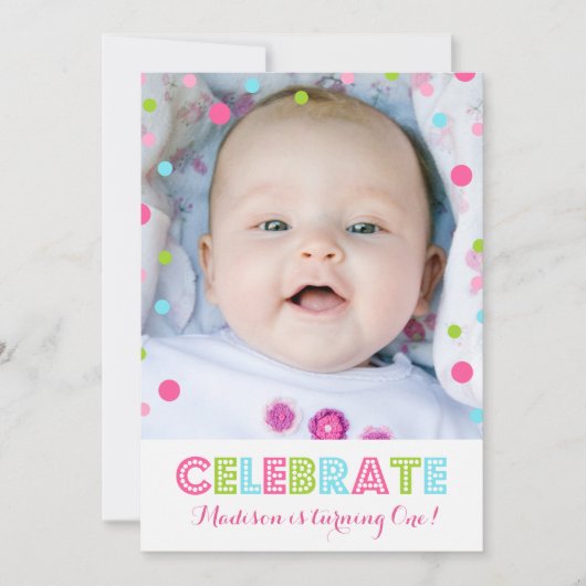 Eerste verjaardag roze Confetti foto uitnodiging (Voorkant)