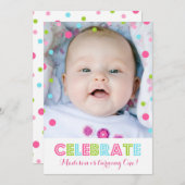 Eerste verjaardag roze Confetti foto uitnodiging (Voorkant / Achterkant)