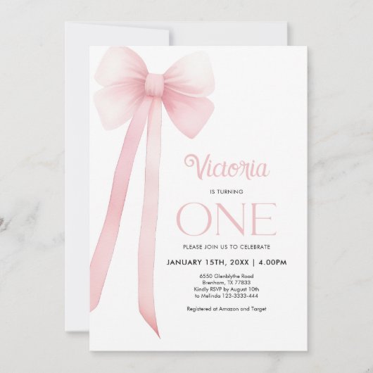 Eerste verjaardag Roze Coquette Bow Uitnodiging (Voorkant)