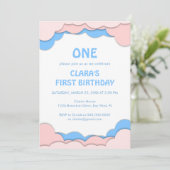 Eerste verjaardag roze en blauw papier kaart (Staand voorkant)