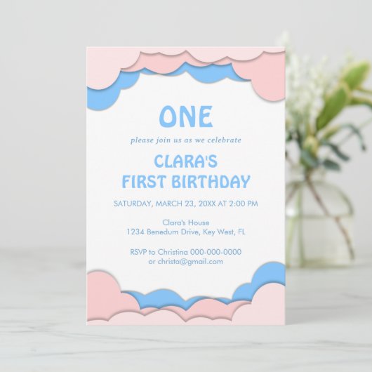 Eerste verjaardag roze en blauw papier kaart (Staand voorkant)