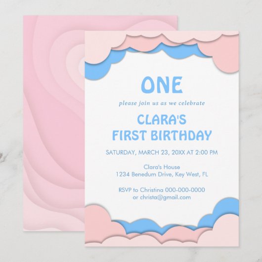 Eerste verjaardag roze en blauw papier kaart (Voorkant / Achterkant)