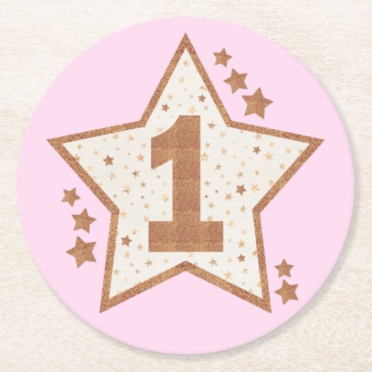 Eerste verjaardag Roze en Gold Star Ronde Kartonnen Onderzetter (Voorkant)