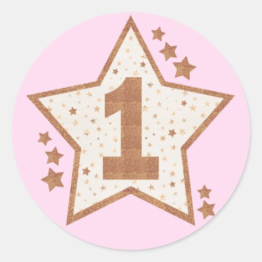 Eerste verjaardag Roze en Gold Star Ronde Sticker (Voorkant)