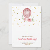 Eerste verjaardag Roze en gouden ballon Kaart (Voorkant)
