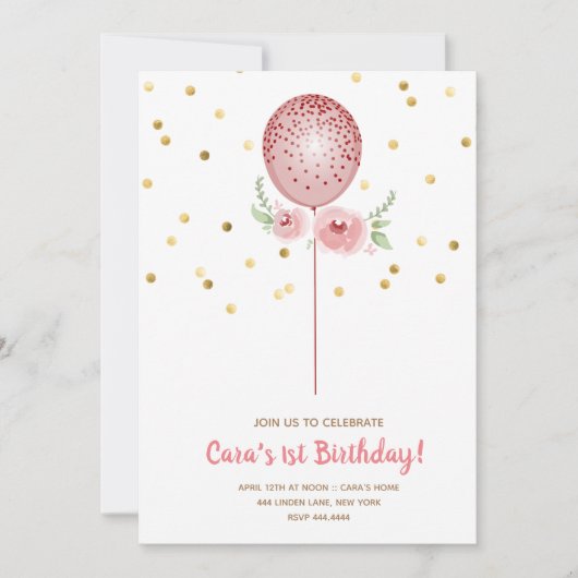 Eerste verjaardag Roze en gouden ballon Kaart (Voorkant)