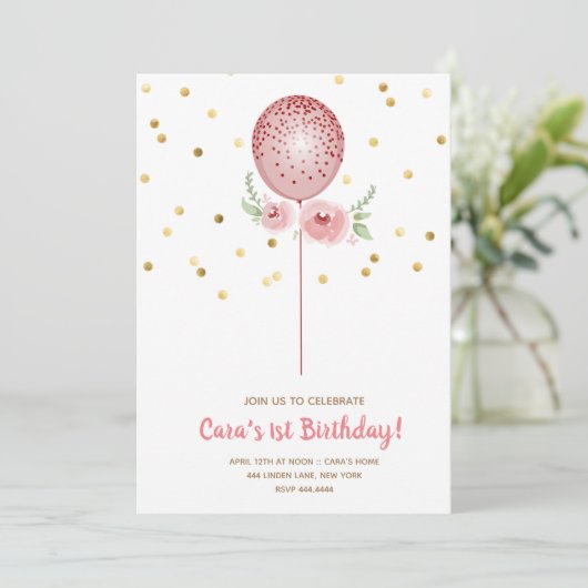 Eerste verjaardag Roze en gouden ballon Kaart (Staand voorkant)