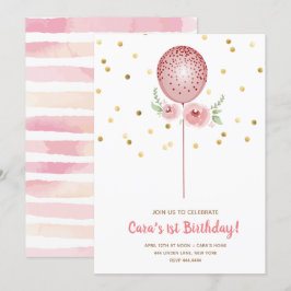 Eerste verjaardag Roze en gouden ballon Kaart