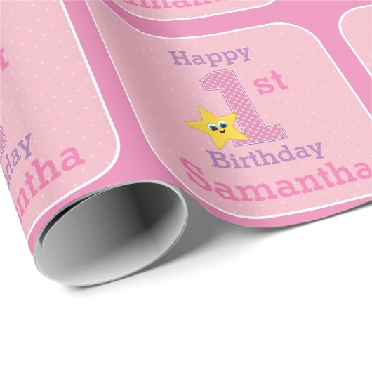 Eerste verjaardag, Roze gele ster met naam Cadeaupapier (Rol Hoek)