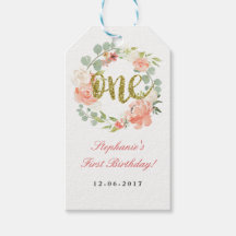 Eerste Verjaardag Roze Goud Bloemen Krans Labels