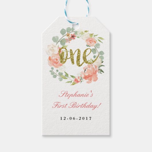 Eerste Verjaardag Roze Goud Bloemen Krans Labels Cadeaulabel (Voorkant)