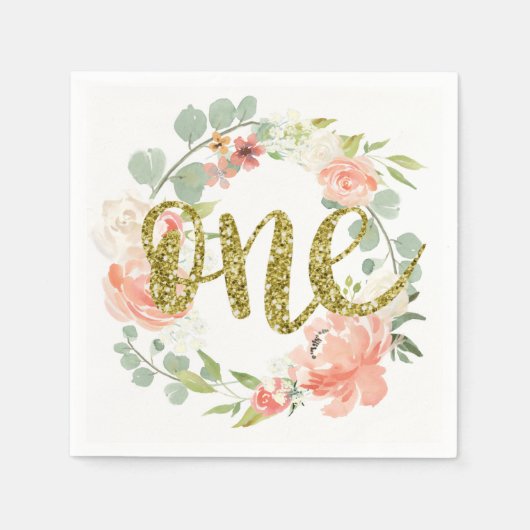 Eerste Verjaardag Roze Goud Bloemen Krans Servet (Voorkant)