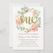 Eerste Verjaardag Roze Goud Bloemen Krans Uitnodig Kaart (Voorkant)