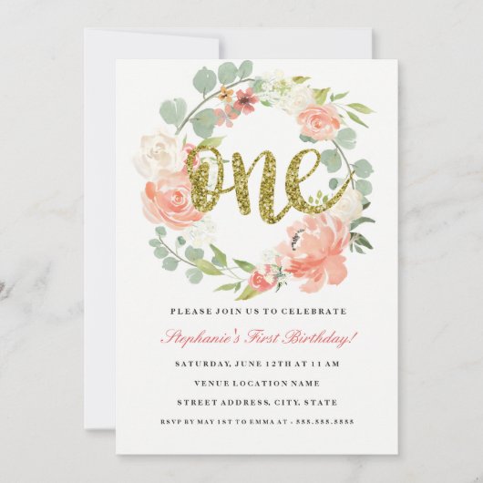 Eerste Verjaardag Roze Goud Bloemen Krans Uitnodig Kaart (Voorkant)