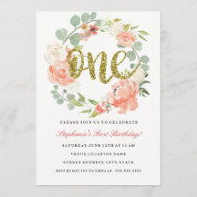 Eerste Verjaardag Roze Goud Bloemen Krans Uitnodig