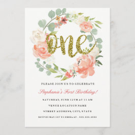 Eerste Verjaardag Roze Goud Bloemen Krans Uitnodig Kaart