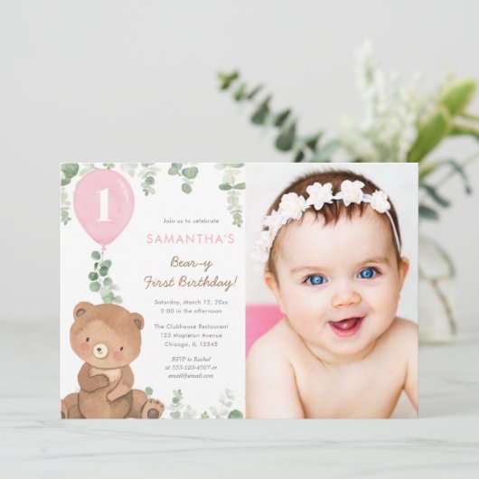 Eerste verjaardag roze groen meisje ballonnen kaart (Staand voorkant)