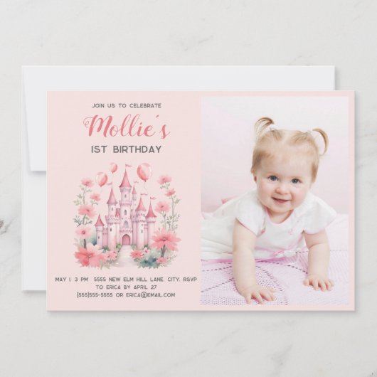 Eerste verjaardag Roze Kasteel Foto van kleine mei Kaart (Voorkant)