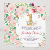 Eerste verjaardag roze mooie Florale uitnodiging, Kaart (Voorkant / Achterkant)
