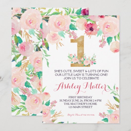 Eerste verjaardag roze mooie Florale uitnodiging, Kaart (Voorkant / Achterkant)