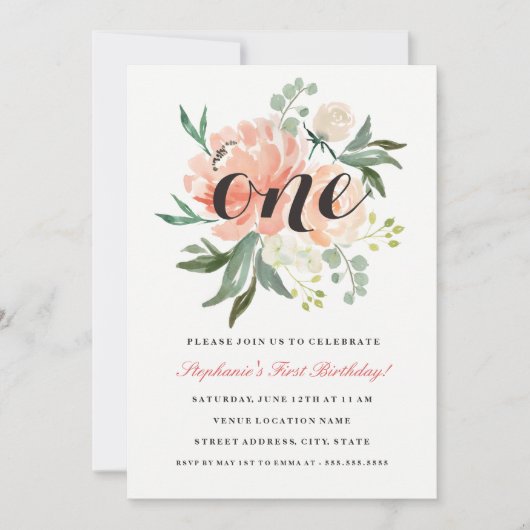 Eerste Verjaardag Roze Perzik Bloemen Een Uitnodig Kaart (Voorkant)