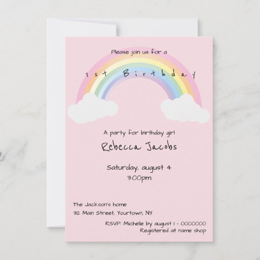 Eerste verjaardag roze regenboog en wolken kaart (Voorkant)