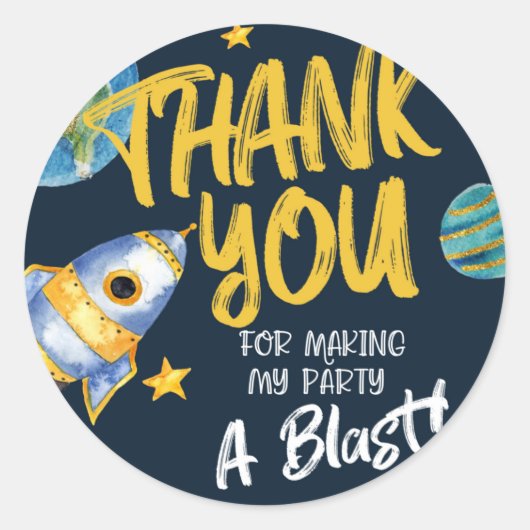 EERSTE VERJAARDAG, RUIMTE VERJAARDAG, BLAST OFF CA RONDE STICKER (Voorkant)