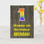 Eerste verjaardag: Rustic Faux Wood Kijk, regenboo Kaart (Gele Bloem)