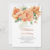 Eerste verjaardag rustieke koraal perzik bloem fot kaart (Voorkant)