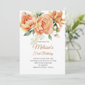 Eerste verjaardag rustieke koraal perzik bloem fot kaart (Staand voorkant)