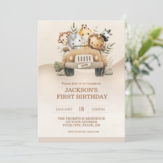 Eerste Verjaardag Safari Oerwoud Dieren Party Kaart (Staand voorkant)